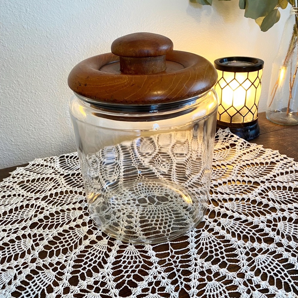 Vintage MCM Dolphin Brand Glass Cookie Jar with Teakwood Lid